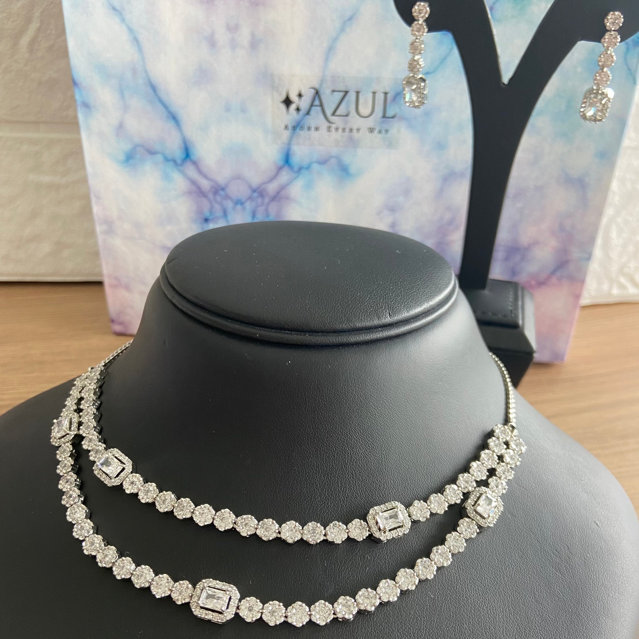American Diamond Double Layer Dainty Necklace & Earrings